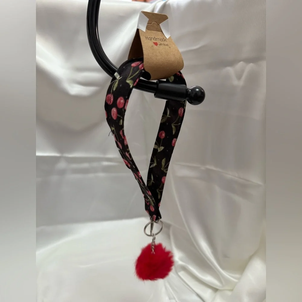 Handmade Cherry Wristlet Keychain with Red Pompom